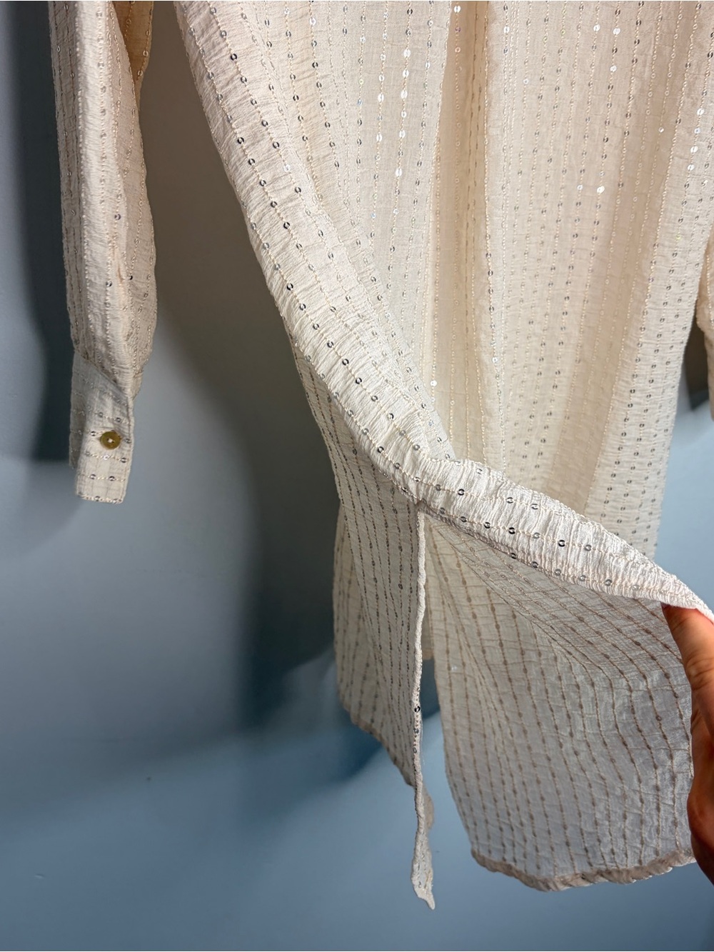 Colleen Lopez Sequin-Stripe Cream Sparkle Small Blouse Button Down - Picture 5 of 8